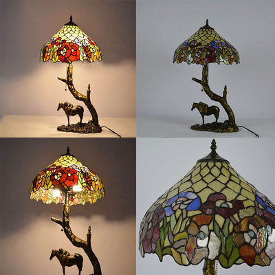 Traditional Tiffany Resin Glass Dome Conic Hemispheric Branch Horse Base 2-Light Table Lamp For Study