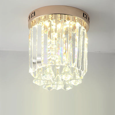 Modern Luxury Round Cylinder Crystal Hardware Base 1-Light Flush Mount Ceiling Light For Hallway