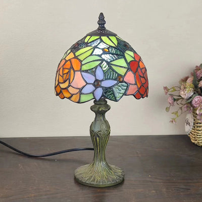 Traditional Tiffany Dome Flower Zinc Stained Glass 1-Light Table Lamp For Bedroom