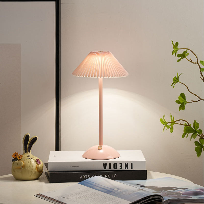 Contemporary Scandinavian Rechargeable Iron Fabric Conic Pleated LED Table Lamp For Bedside