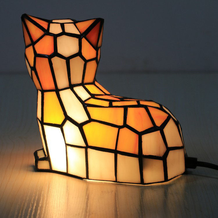 Lampe de table traditionnelle à 1 lumière en forme de chat en vitrail Tiffany pour chambre à coucher