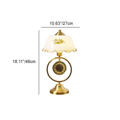 Contemporary Retro Ruffled Glass Shade Antique Copper Clock Base 1-Light Table Lamp For Home Office