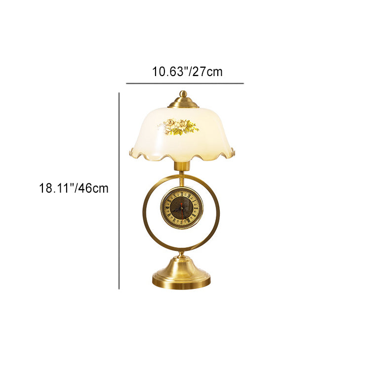 Contemporary Retro Ruffled Glass Shade Antique Copper Clock Base 1-Light Table Lamp For Home Office