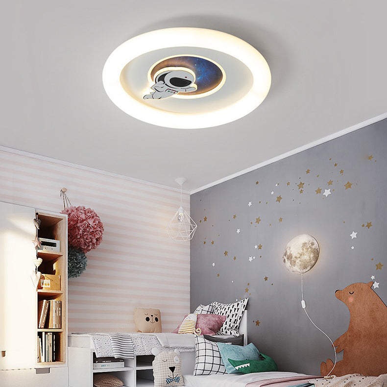 Contemporary Creative Kids Round Rocket Astronaut Iron Acrylic LED Flush Mount Ceiling Light For Bedroom