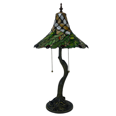 Traditional Tiffany Alloy Glass Horn Flower Leave 2-Light Table Lamp For Bedside