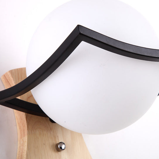 Modern Minimalist Spherical Wood Glass 1-Light Wall Sconce Lamp For Bedroom