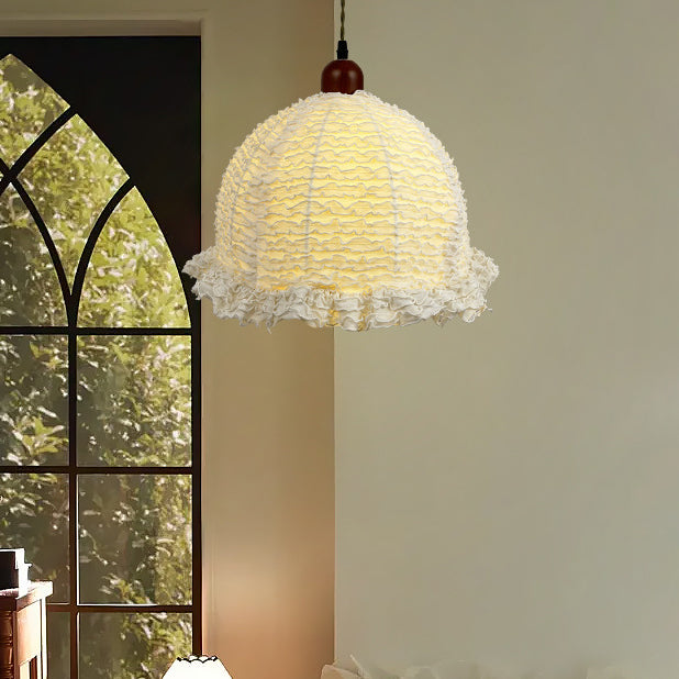 Contemporary Scandinavian Round Ruffle Lace Solid Wood Fabric 1-Light Pendant Light For Living Room