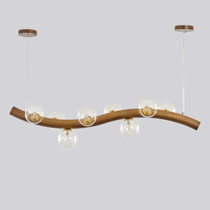 Modern Minimalist Wave Line Orb Solid Wood Glass 6/8/10 Lights Island Light Chandelier For Dining Room