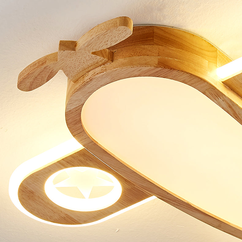 Contemporary Creative Woodgrain Cartoon Animal Bee Aircraft Acrylic LED Kids Flush Mount Ceiling Light For Living Room