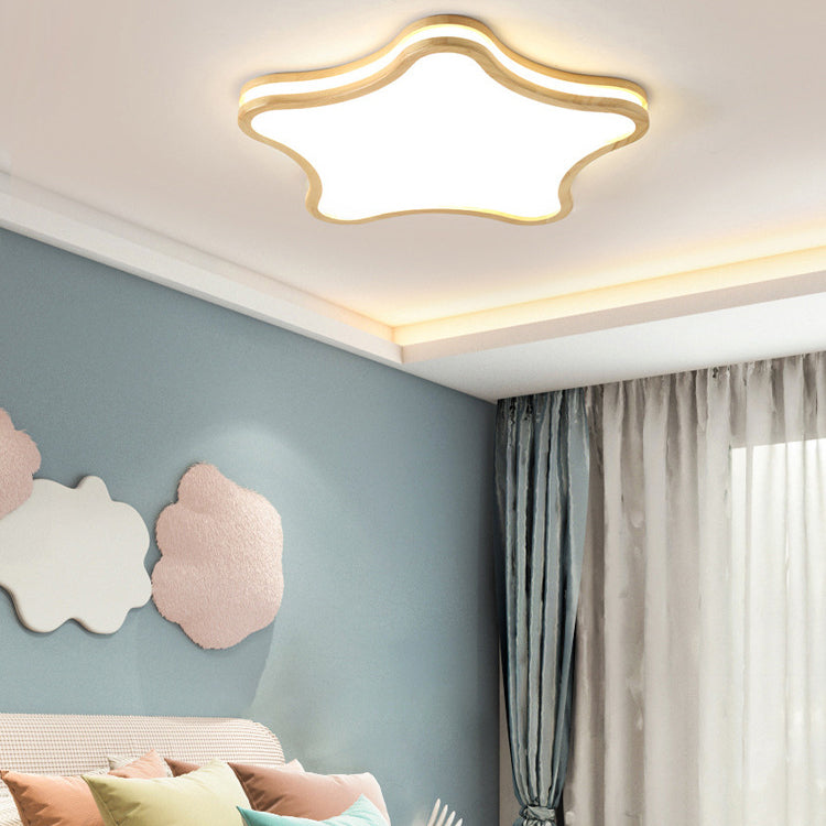 Contemporary Nordic Kids Rubber Wood Glass Star Cloud Moon LED Flush Mount Ceiling Light For Bedroom