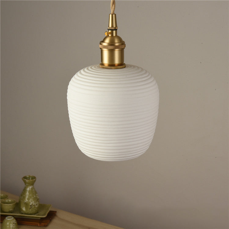 Contemporary Nordic Irregular Cylinder Stripe Ceramic Copper 1-Light Pendant Light For Living Room