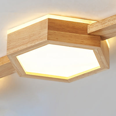 Traditional Japanese Hexagon Wood Acrylic LED Flush Mount Ceiling Light For Living Room