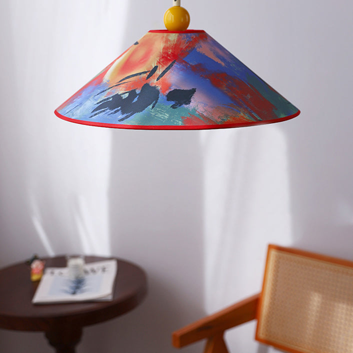 Modern Creative Cone Oil Painting Iron Fabric 1-Light Pendant Light For Living Room