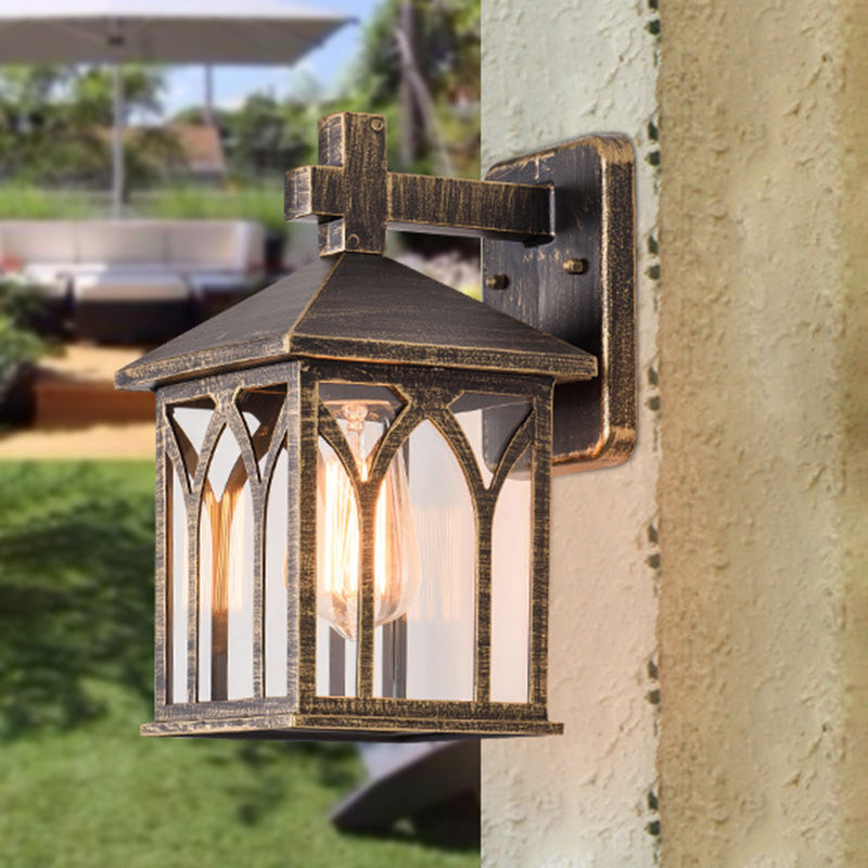 Traditional European Waterproof Aluminum Glass Cubic 1-Light Wall Sconce Lamp For Garden