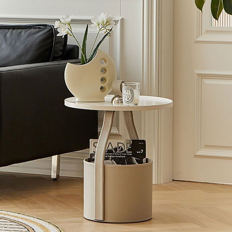 Contemporary Creative Round Barrel Leather Stainless Steel Coffee Table Tote For Living Room