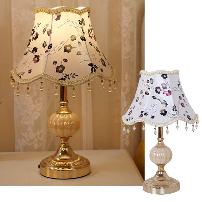 European Vintage Fabric Floral Glass Plating 1-Light Table Lamp