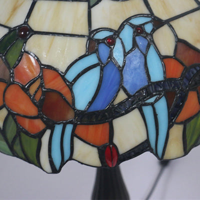 Traditional Tiffany Stained Glass Rose Flower Parrot Dome 1-Light Table Lamp For Bedroom