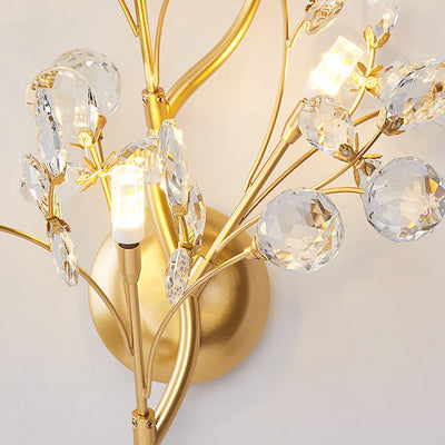 Contemporary Creative Branch Ball Leaf Iron Crystal 2/3 Light Wall Sconce Lamp For Living Room