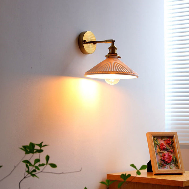 Traditional Japanese Brass Copper Ceramic Conic Cylinder Semicircular Strip Ball 1-Light Wall Sconce Lamp For Bedside