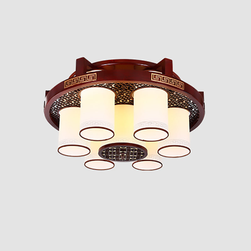 Traditional Chinese Square Round Faux Sheepskin Wood 6/9 Light Flush Mount Ceiling Light For Bedroom