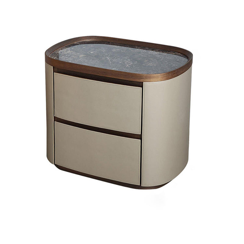 Modern Minimalist Elliptical Slate Saddle Leather Walnut Velvet Nightstand 2-Drawer For Bedside