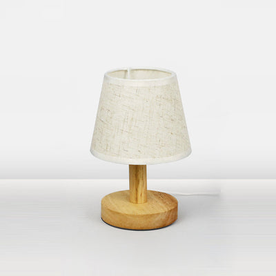 Contemporary Nordic Round Wood Fabric LED Table Lamp For Bedroom