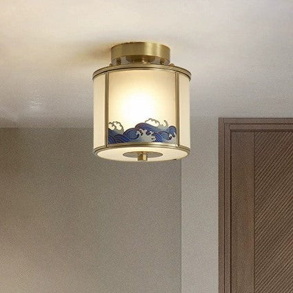 Traditional Chinese Painting Cylinder Copper Solder 1-Light Semi-Flush Mount Ceiling Light For Bedroom