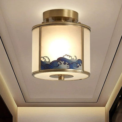 Traditional Chinese Painting Cylinder Copper Solder 1-Light Semi-Flush Mount Ceiling Light For Bedroom