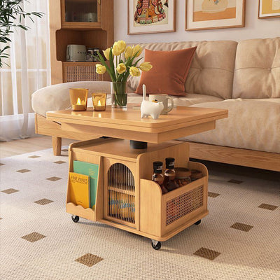 Contemporary Retro Wood Rectangular Collapsible Coffee Table On Casters Storage Cabinets For Living Room