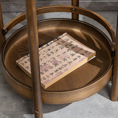 Traditional Chinese Round Bamboo Tray Top End Table 2-Tier For Living Room