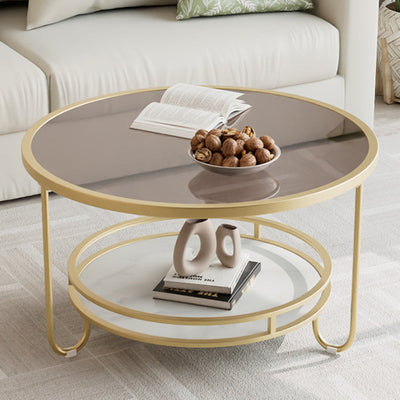 Modern Simplicity Round Striped Glass Slab Metal Coffee Table 2-Tier For Living Room