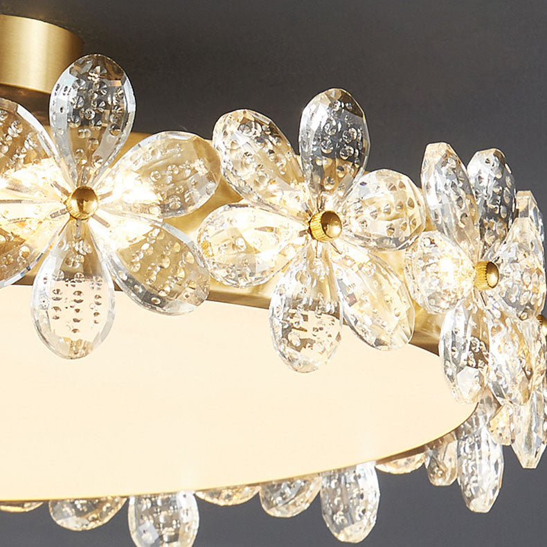 Contemporary Creative Cylindrical Cherry Blossom Copper Glass Crystal LED Semi-Flush Mount Ceiling Light For Living Room