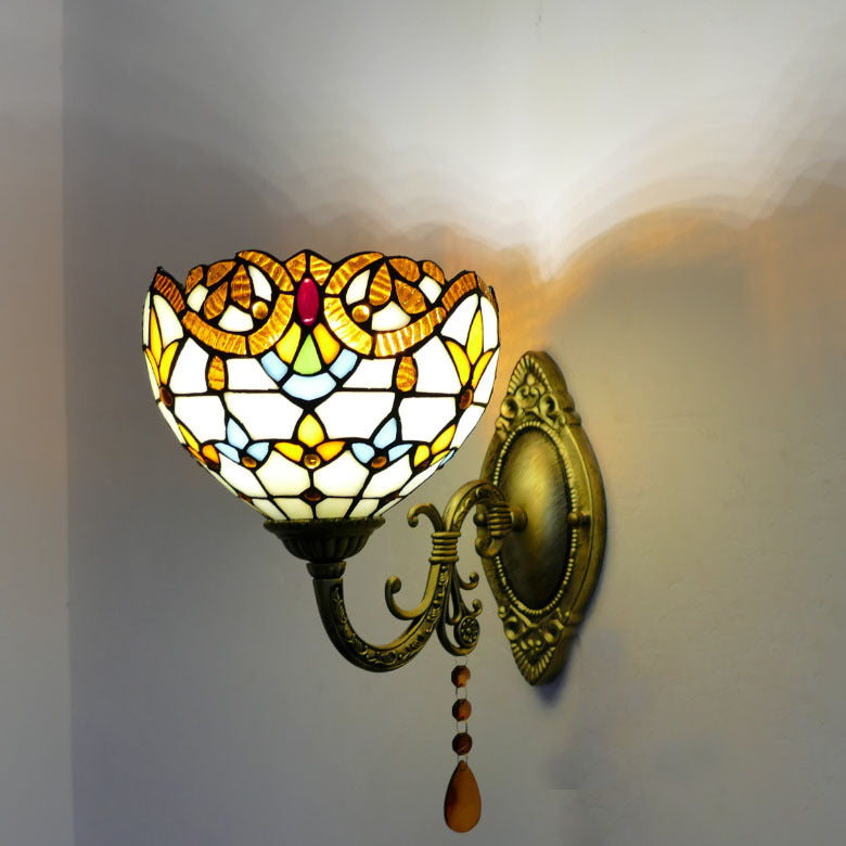 Traditional Tiffany Cup Rose Sunflower Dragonfly Iron Stained Glass 1-Light Wall Sconce Lamp For Bedroom