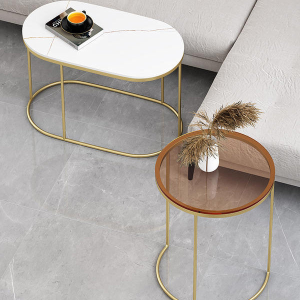 Contemporary Nordic Round Oval Glass Rock Slab Stainless Steel Coffee Table For Living Room