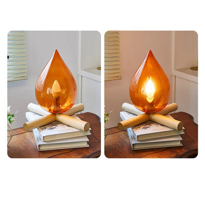 Contemporary Creative Flame Fire Pile Solid Wood Glass 1-Light Table Lamp For Bedroom