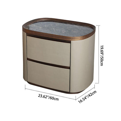 Modern Minimalist Elliptical Slate Saddle Leather Walnut Velvet Nightstand 2-Drawer For Bedside