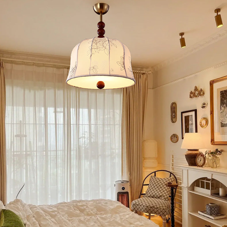 Traditional French Romantic Round Floral Fabric Wood Metal 1-Light Pendant Light For Bedroom