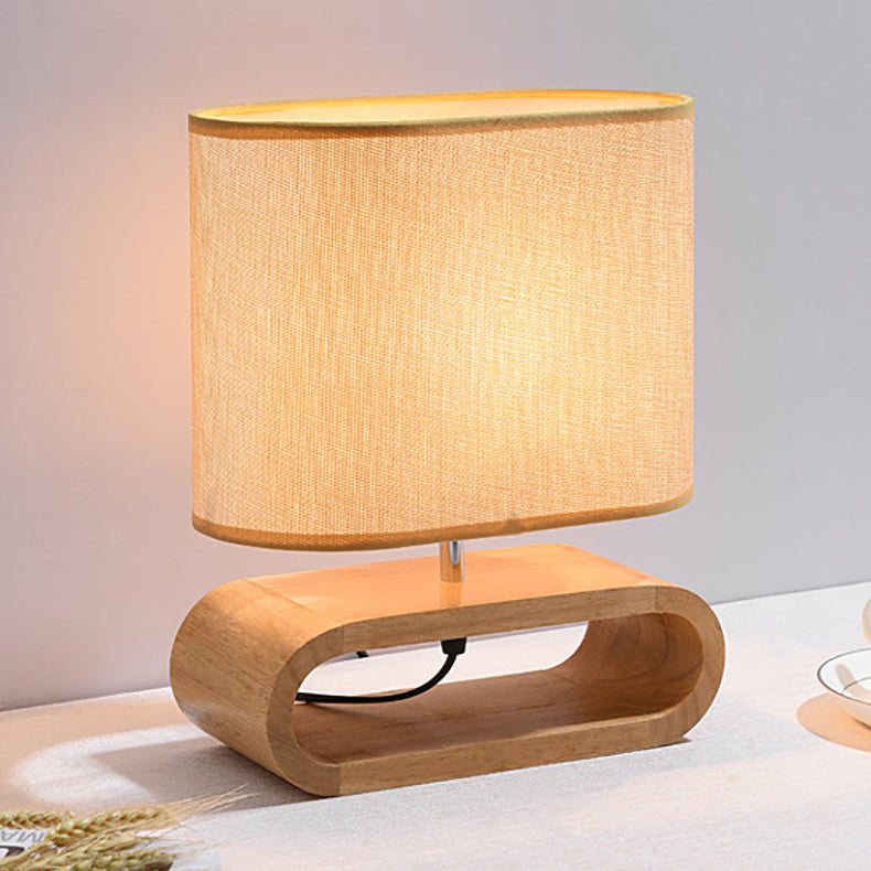 Contemporary Nordic Wood Fabric Cylinder Elliptical 1-Light Table Lamp For Study