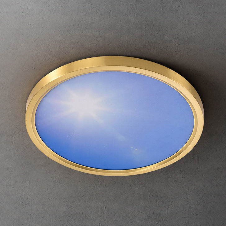 Modern Simplicity Full Copper Blue Sky Cloud Design Round Acrylic Shade LED Flush Mount Ceiling Light For Living Room