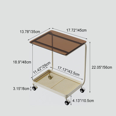 Contemporary Scandinavian C-Shaped Tempered Glass Top End Table 2-Tier Casters For Living Room