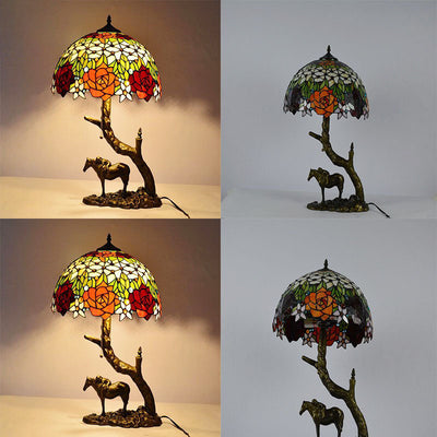 Traditional Tiffany Resin Glass Dome Conic Hemispheric Branch Horse Base 2-Light Table Lamp For Study