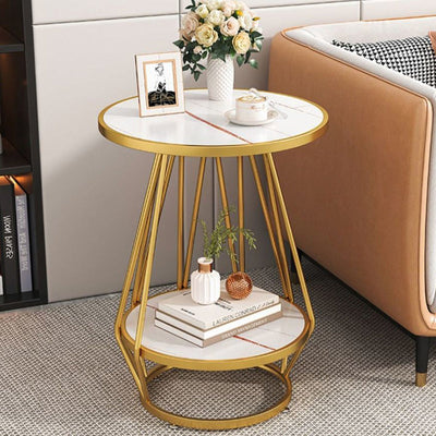 Contemporary Luxury Round Marble Texture Metal Frame Side Table 2-Tier Storage Shelves For Living Room