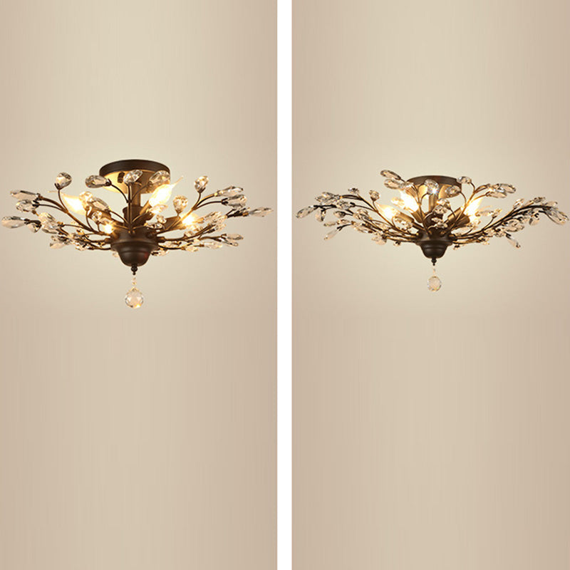 Traditional European Branch Iron Crystal 4/5/6 Light Semi-Flush Mount Ceiling Light For Living Room