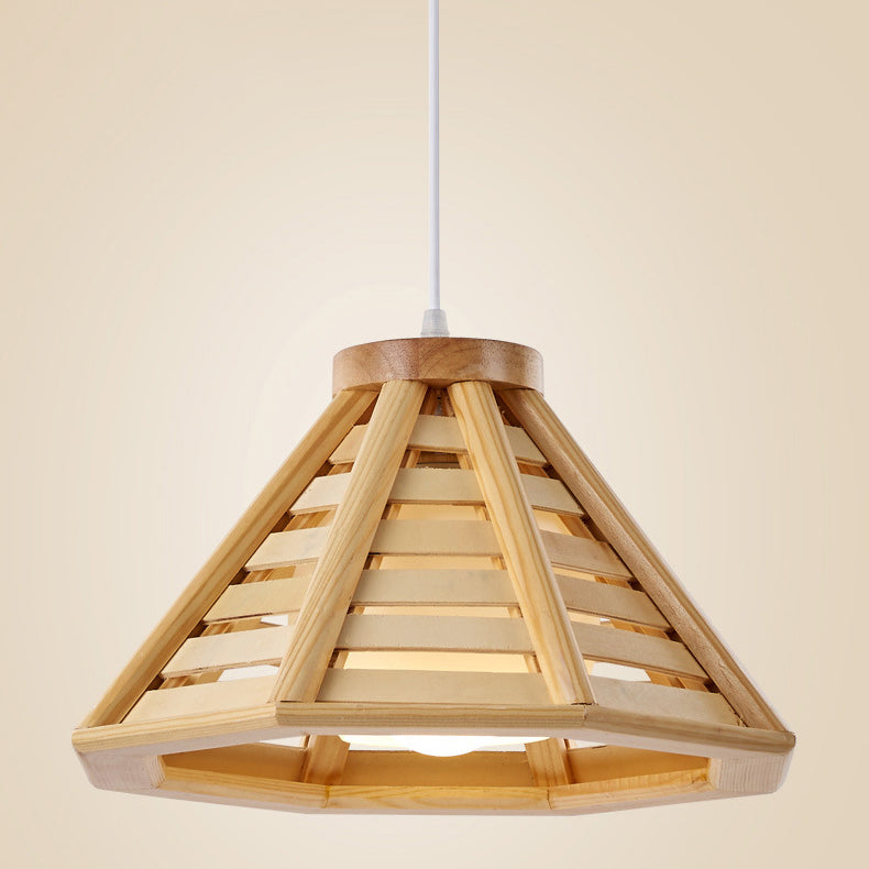 Traditional Japanese Iron Wood Conic Pyramid 1-Light Pendant Light For Dining Room