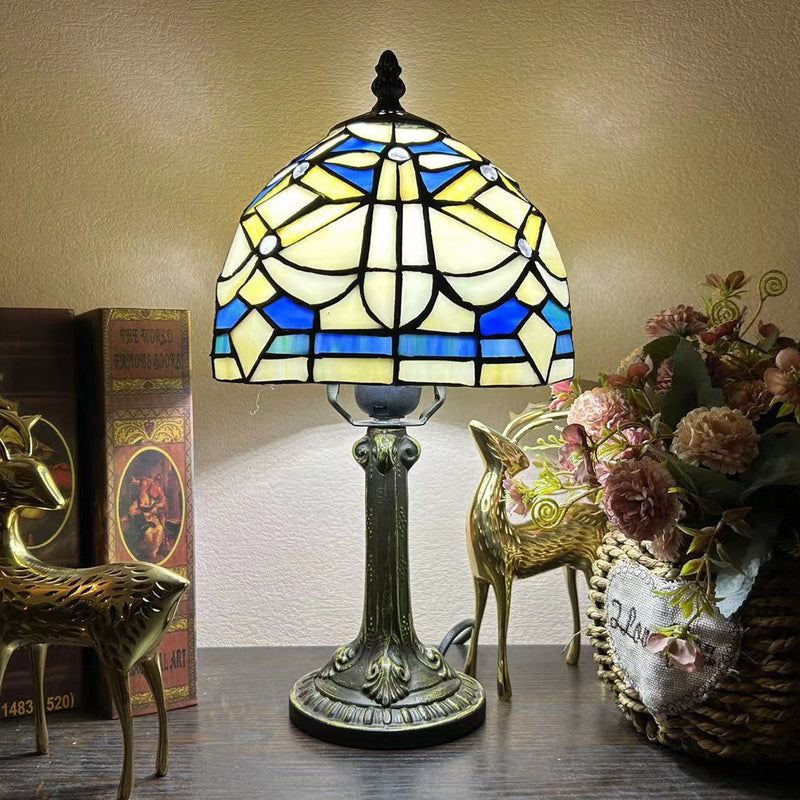 Traditional Tiffany Dome Iron Glass 1-Light Table Lamp For Study