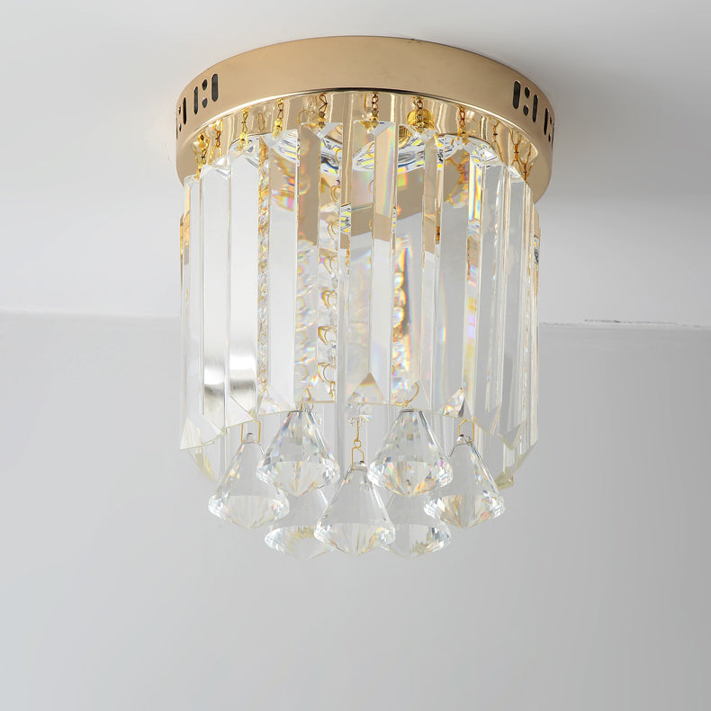 Modern Luxury Round Cylinder Crystal Hardware Base 1-Light Flush Mount Ceiling Light For Hallway