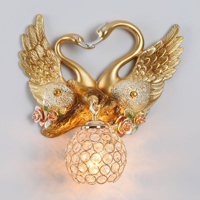 Modern Art Deco Resin Iron Crystal Couple Swan Ball 1-Light Wall Sconce Lamp For Living Room