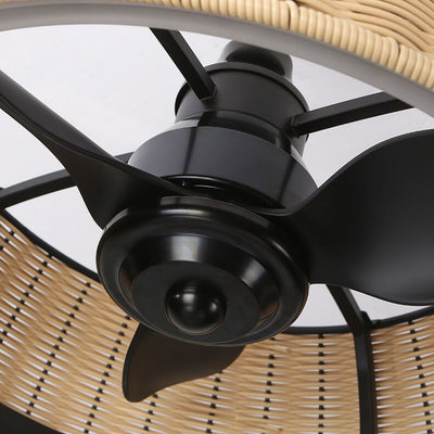 Modern Creative Rattan Weaving Round LED Downrods Ceiling Fan Light