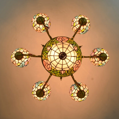 Traditional Tiffany Flower Dome Iron Glass Alloy 8/11 Light Chandeliers For Living Room