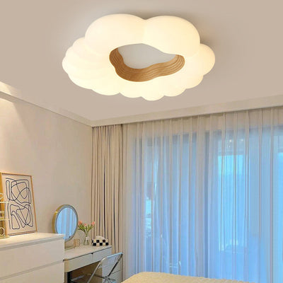 Modern Minimalist Cream Clouds Ash Wood Chip Plastics LED Flush Mount Ceiling Light For Bedroom